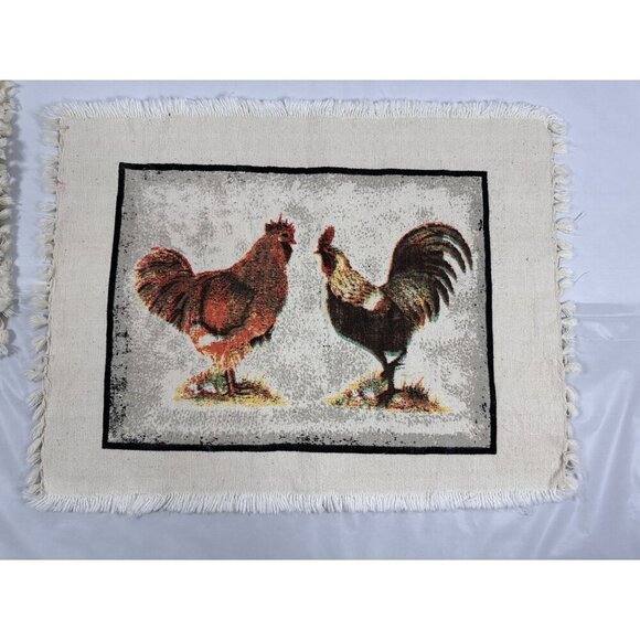 Set Of 6 Rustic Rooster Placemats Fringed Edges Linen Look Cottage‎ Farmhouse - Picture 4 of 13